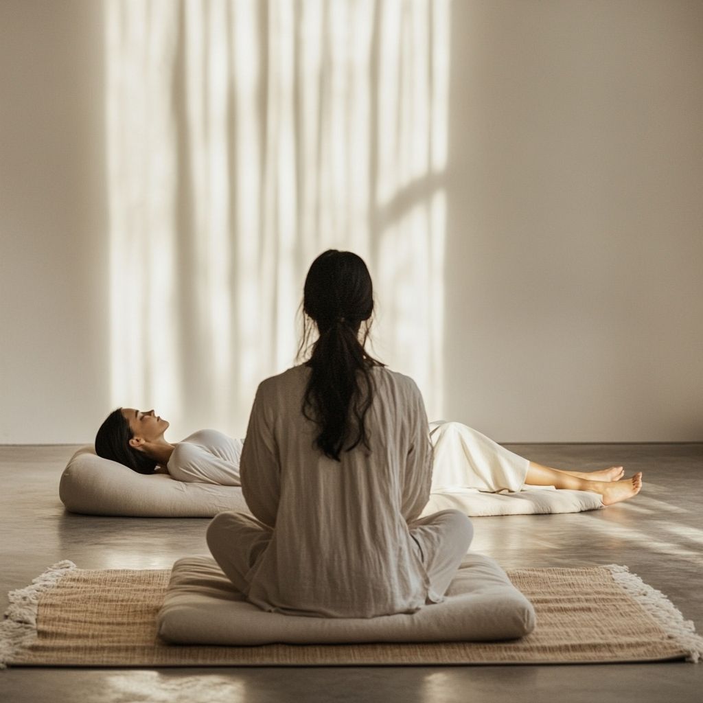 A peaceful breathwork or meditation scene in a bright, naturally lit room with soft textures creating a serene atmosphere for healing and relaxation